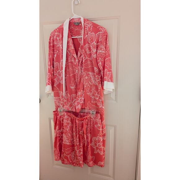 Breezies NWOT Pajama Set, Robe, Tank, Shorts, XS, Satin, Coral Pink, Beachy